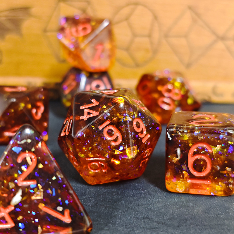 Tablet Accessories Kit - Fire Orange Confetti Resin Polyhedral Dice